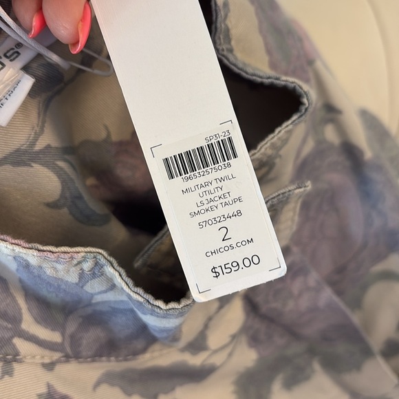 Chico's Floral feminine utility twill Jacket denim style light khaki purple Lrg - Picture 12 of 17